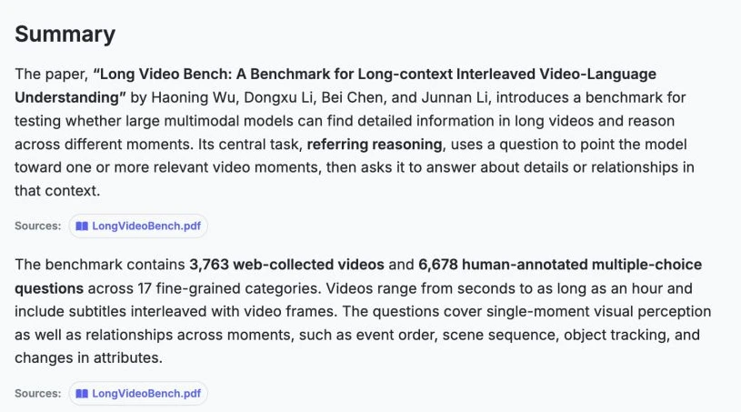 Real Agent Chat summary of LongVideoBench with source references